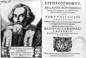 Zone de Texte:    Fig. 1. A portrait of Fortunius Licetus and the title-page of his book 'Litheosphorus Sive De Lapide Bononiensi' (1640)ã. The original volume can be found in the Historical Section of the University Library of Bologna, Italy.