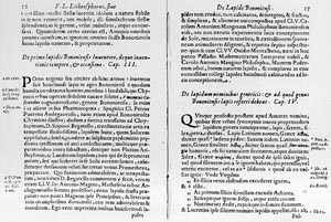 Zone de Texte:    Fig. 2. Pages 12 and 13 of the original volume 'Litheosphorus Sive De Lapide Bononiensi' by Fortunius Licetusã. The original volume can be found in the Historical Section of the University Library of Bologna, Italy.